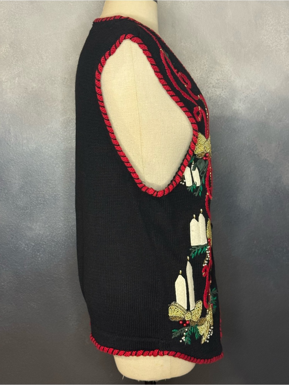 Victoria Jones Christmas Sweater Vest Black Embellished Candles & Bows Women's M - Picture 7 of 11